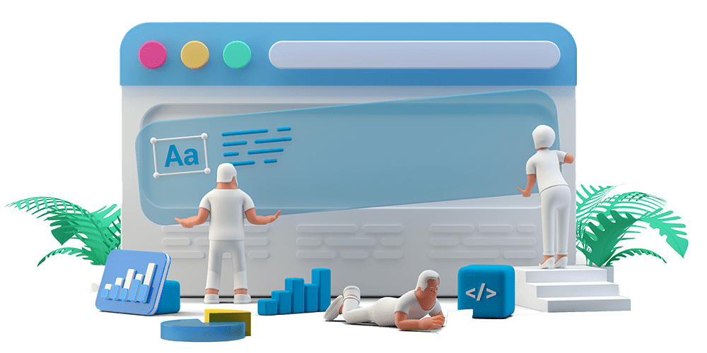 Web UI UX Design Teamwork concept 3D illustration. Team People Building Creating website User interface Front view