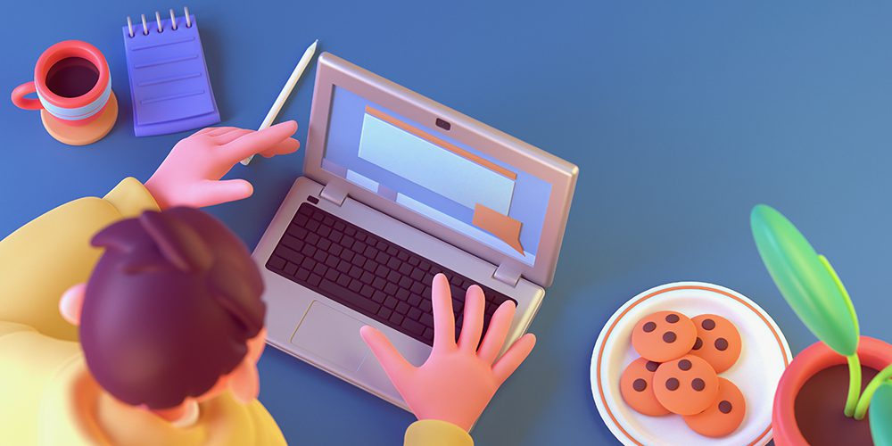 Young kawaii guy wears yellow hoodie using a laptop to surf internet, one hand on keyboard sits at blue table, green plant in red pot, white plate with cookies, cup of coffee, notebook, pen. 3d render